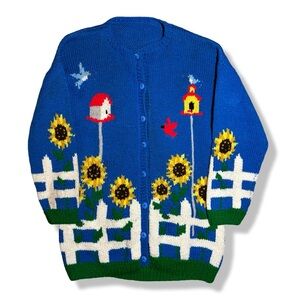 Vintage Hand Knit Sun Flowers & Bird Houses Button Up Sweater